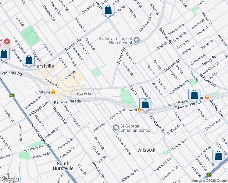 map of restaurants, bars, coffee shops, grocery stores, and more near 99 Forest Road in Hurstville