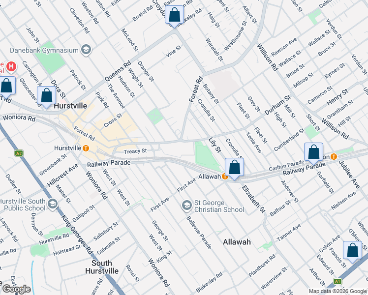 map of restaurants, bars, coffee shops, grocery stores, and more near 93 Forest Road in Hurstville