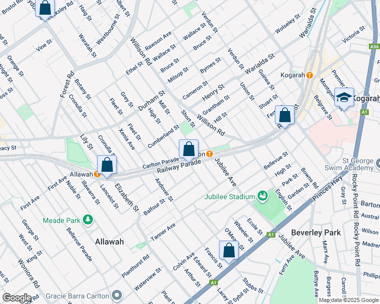 map of restaurants, bars, coffee shops, grocery stores, and more near 78 Carlton Parade in Carlton