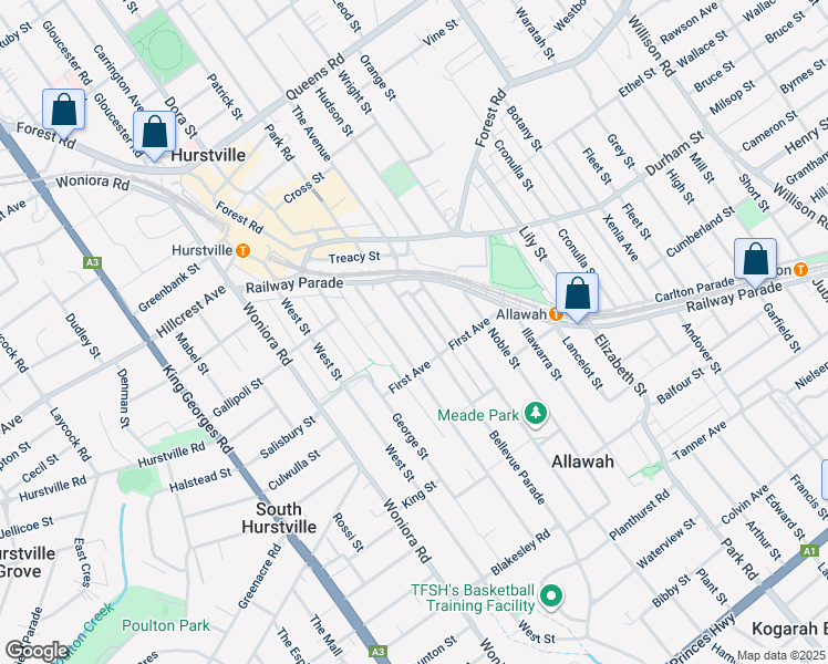 map of restaurants, bars, coffee shops, grocery stores, and more near 27 Bellevue Parade in Hurstville