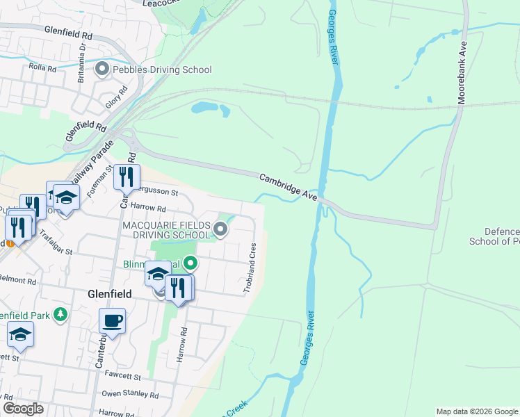 map of restaurants, bars, coffee shops, grocery stores, and more near 24 Goodenough Street in Glenfield