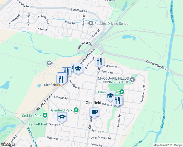 map of restaurants, bars, coffee shops, grocery stores, and more near 2 Lalor Street in Glenfield