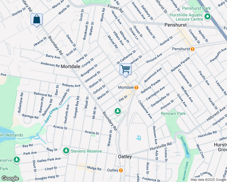 map of restaurants, bars, coffee shops, grocery stores, and more near 19A Martin Place in Mortdale