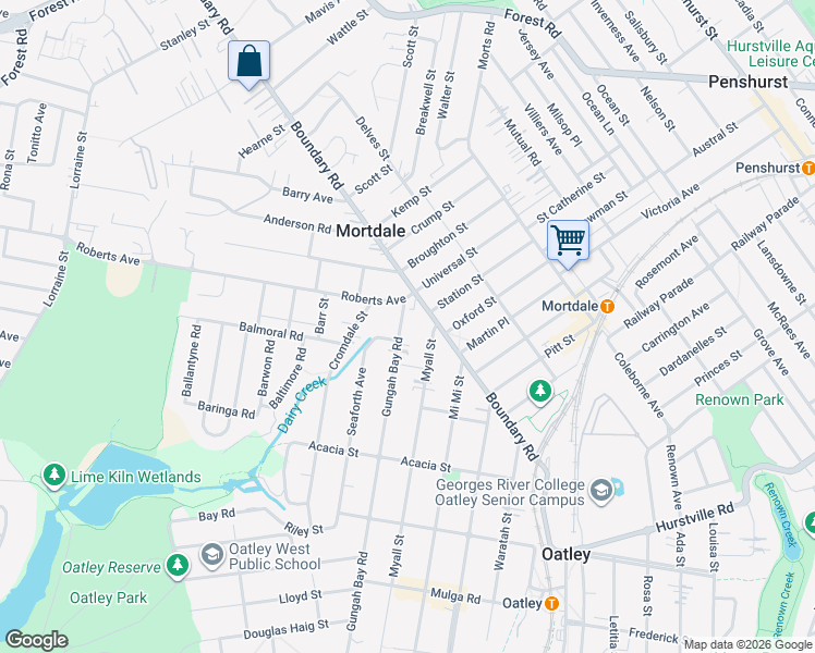 map of restaurants, bars, coffee shops, grocery stores, and more near 7 Gungah Bay Road in Oatley