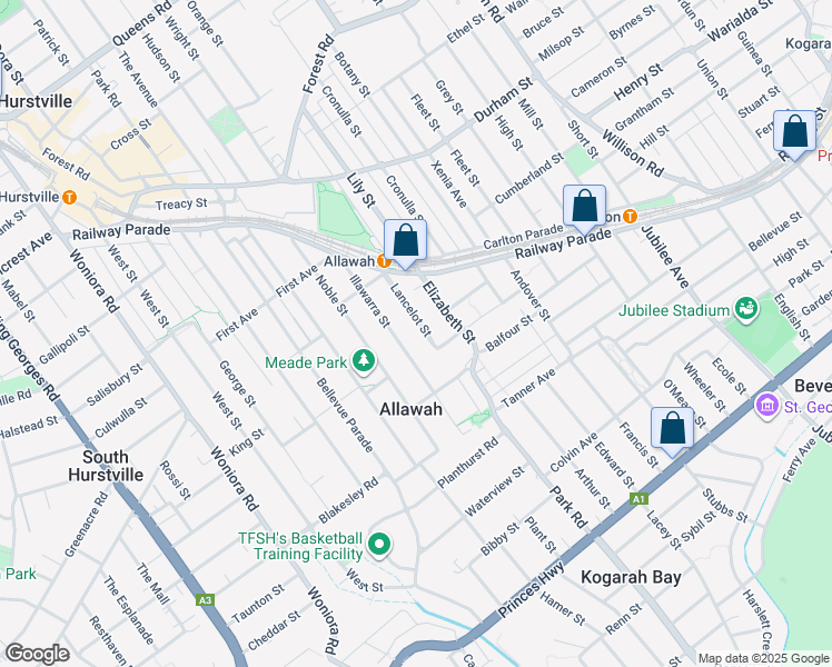 map of restaurants, bars, coffee shops, grocery stores, and more near 33 Lancelot Street in Allawah
