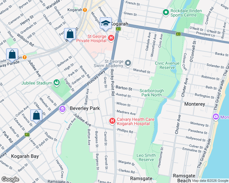 map of restaurants, bars, coffee shops, grocery stores, and more near 54 Rocky Point Road in Kogarah