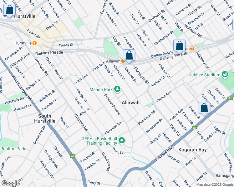 map of restaurants, bars, coffee shops, grocery stores, and more near 92 Woids Avenue in Allawah