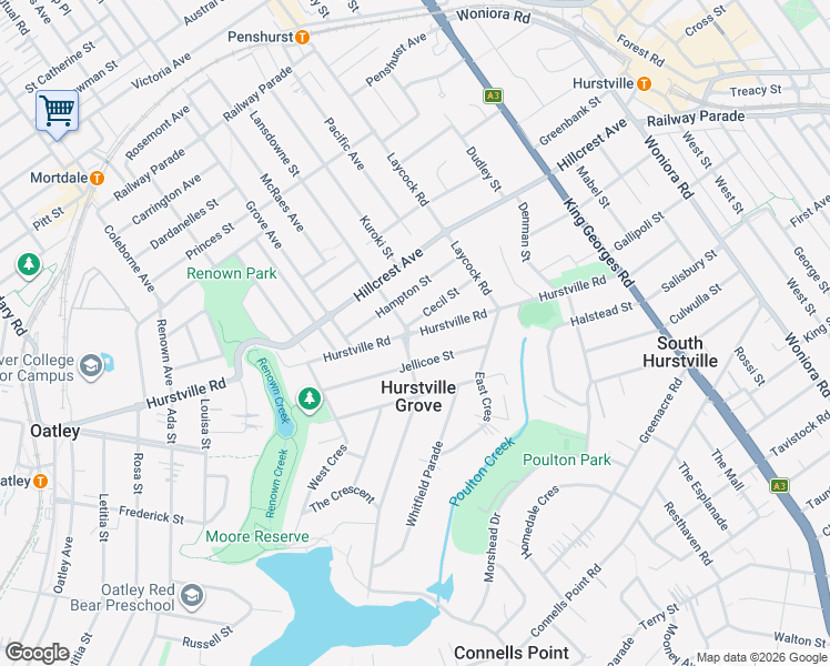 map of restaurants, bars, coffee shops, grocery stores, and more near Hurstville Road in Hurstville Grove