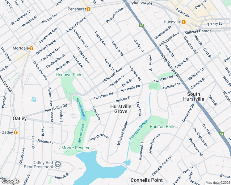 map of restaurants, bars, coffee shops, grocery stores, and more near Hurstville Road in Hurstville Grove