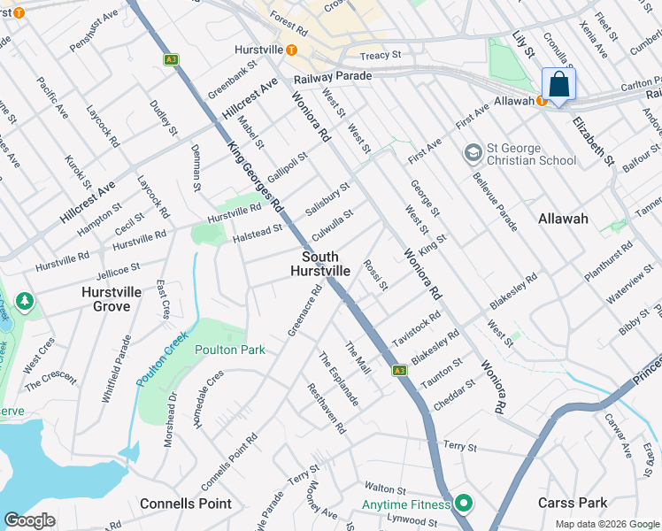 map of restaurants, bars, coffee shops, grocery stores, and more near 824-828 King Georges Road in South Hurstville