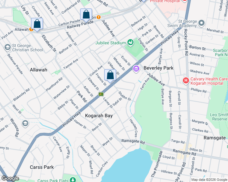 map of restaurants, bars, coffee shops, grocery stores, and more near 5 Wyuna Street in Beverley Park