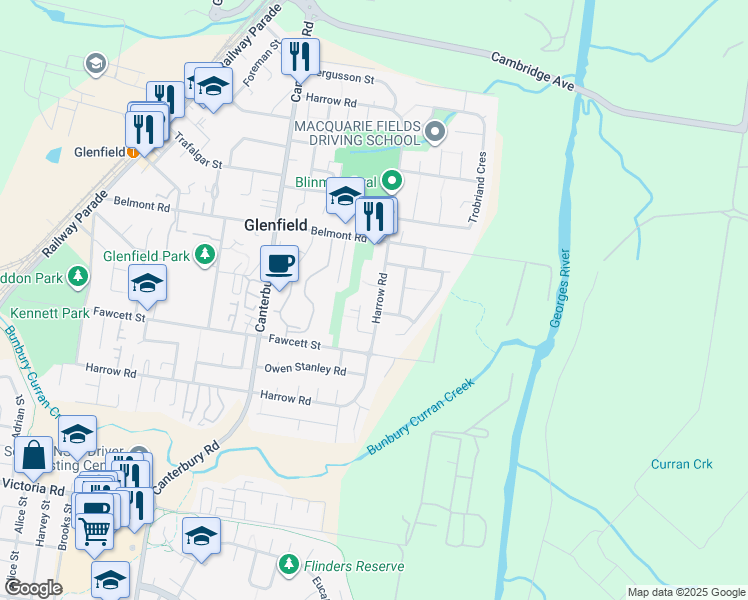 map of restaurants, bars, coffee shops, grocery stores, and more near 119 Harrow Road in Glenfield