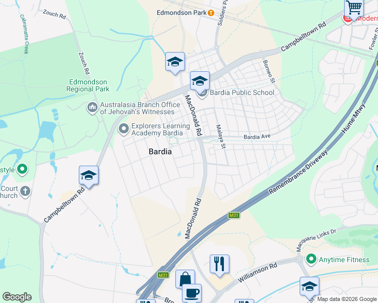 map of restaurants, bars, coffee shops, grocery stores, and more near 54 Retimo Street in Bardia