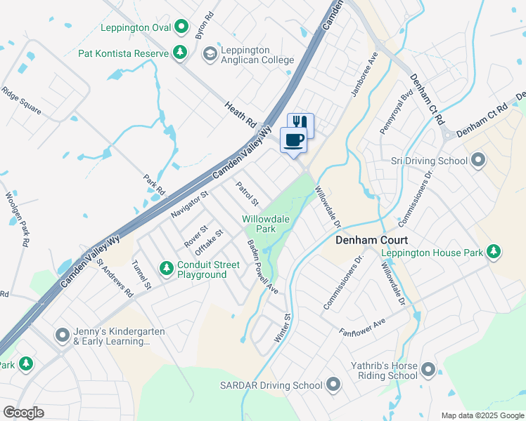 map of restaurants, bars, coffee shops, grocery stores, and more near Patrol Street in Leppington