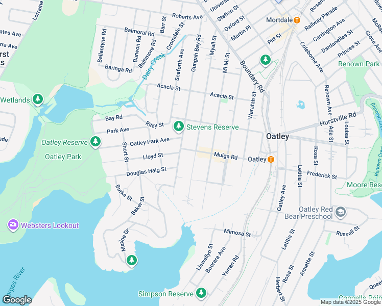 map of restaurants, bars, coffee shops, grocery stores, and more near 125 Mulga Road in Oatley