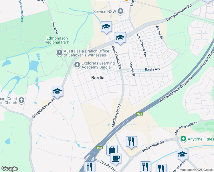 map of restaurants, bars, coffee shops, grocery stores, and more near 28 Vevi Street in Ingleburn