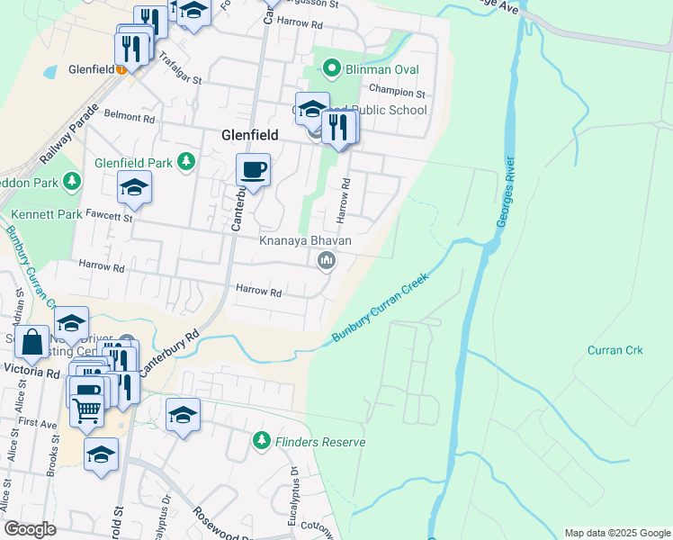 map of restaurants, bars, coffee shops, grocery stores, and more near 132 Harrow Road in Glenfield