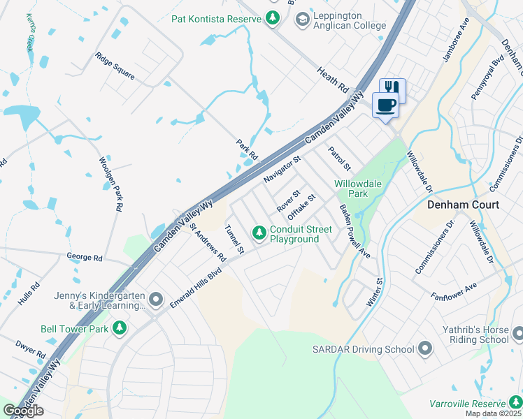 map of restaurants, bars, coffee shops, grocery stores, and more near 14a Konara Street in Leppington