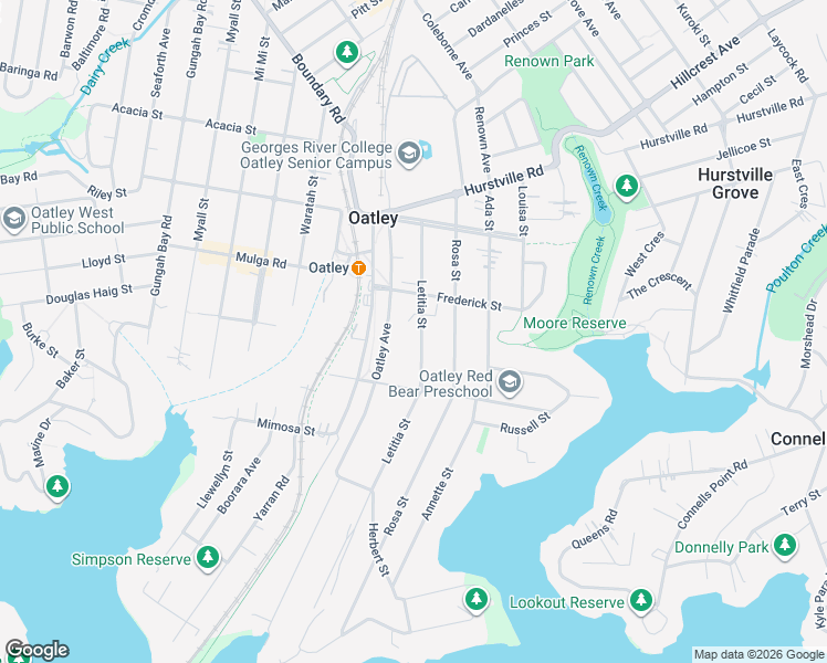 map of restaurants, bars, coffee shops, grocery stores, and more near 31 Letitia Street in Oatley
