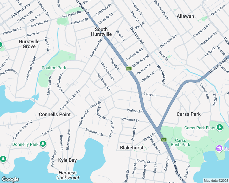 map of restaurants, bars, coffee shops, grocery stores, and more near 73 Terry Street in Blakehurst