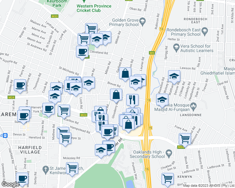 map of restaurants, bars, coffee shops, grocery stores, and more near 255 Imam Haron Road in Cape Town