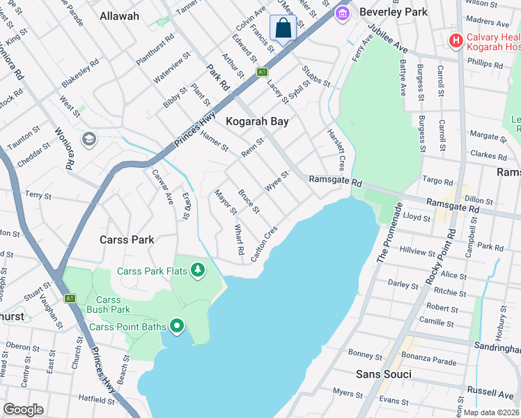 map of restaurants, bars, coffee shops, grocery stores, and more near 36 Bruce Street in Kogarah Bay