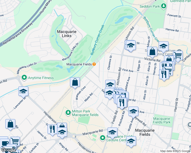 map of restaurants, bars, coffee shops, grocery stores, and more near 11 Alexander Crescent in Macquarie Fields