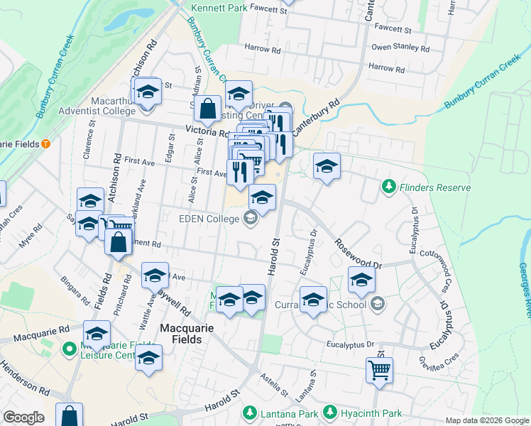 map of restaurants, bars, coffee shops, grocery stores, and more near 58 Harold Street in Macquarie Fields