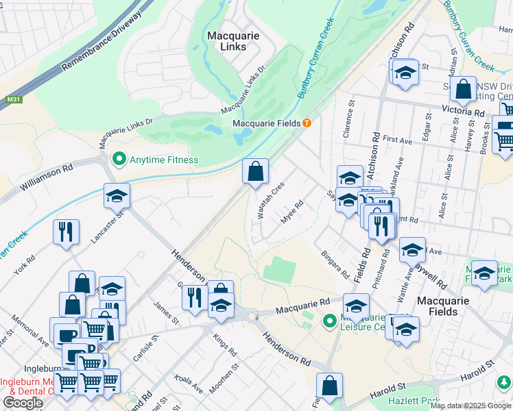 map of restaurants, bars, coffee shops, grocery stores, and more near 322 Railway Parade in Macquarie Fields