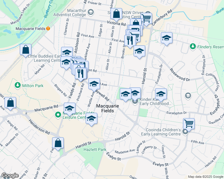 map of restaurants, bars, coffee shops, grocery stores, and more near 19-21 Third Avenue in Macquarie Fields