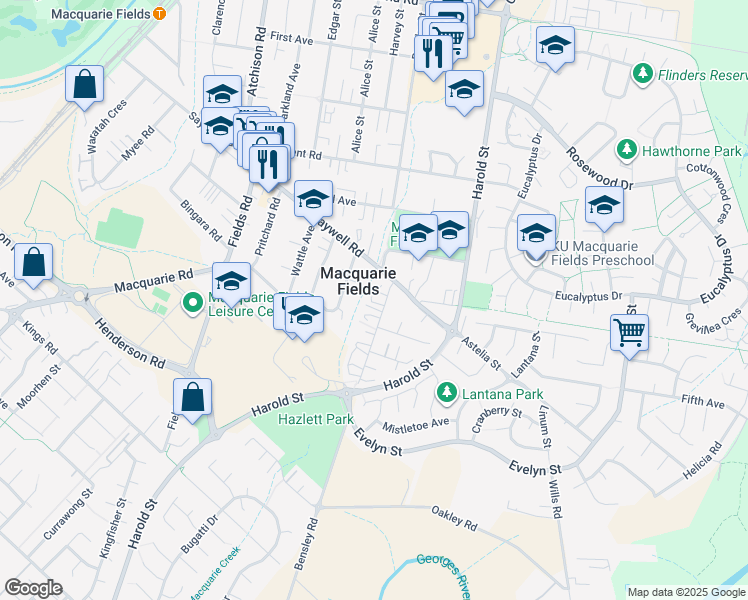 map of restaurants, bars, coffee shops, grocery stores, and more near 4 Bensley Road in Macquarie Fields