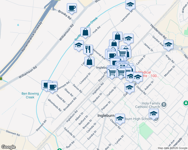 map of restaurants, bars, coffee shops, grocery stores, and more near 9 Annette Avenue in Ingleburn