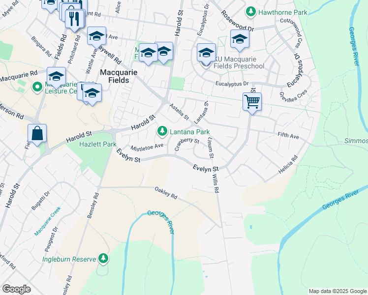 map of restaurants, bars, coffee shops, grocery stores, and more near 8 Lotus Place in Macquarie Fields