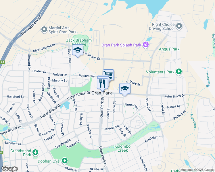 map of restaurants, bars, coffee shops, grocery stores, and more near Peter Brock Drive in Oran Park