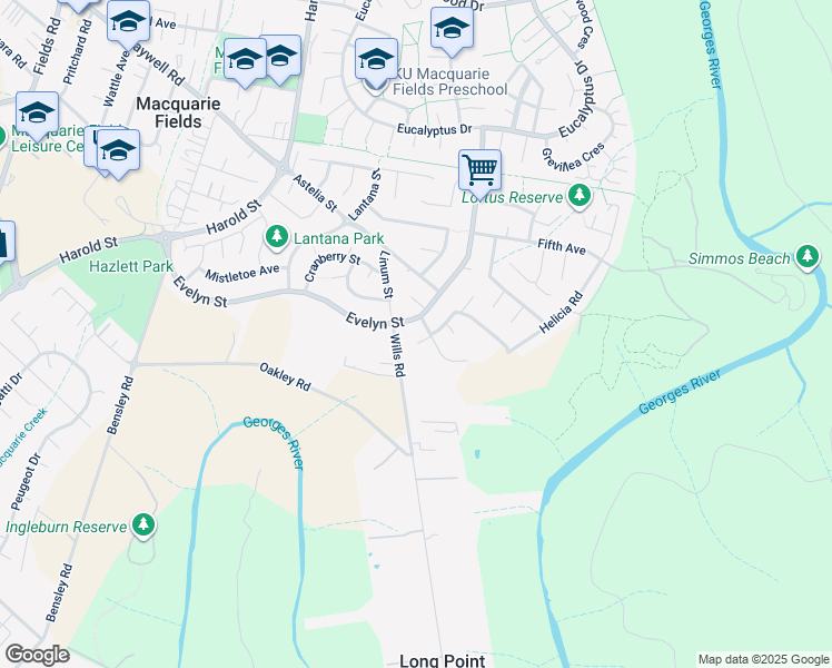 map of restaurants, bars, coffee shops, grocery stores, and more near 4 Cosmos Place in Macquarie Fields