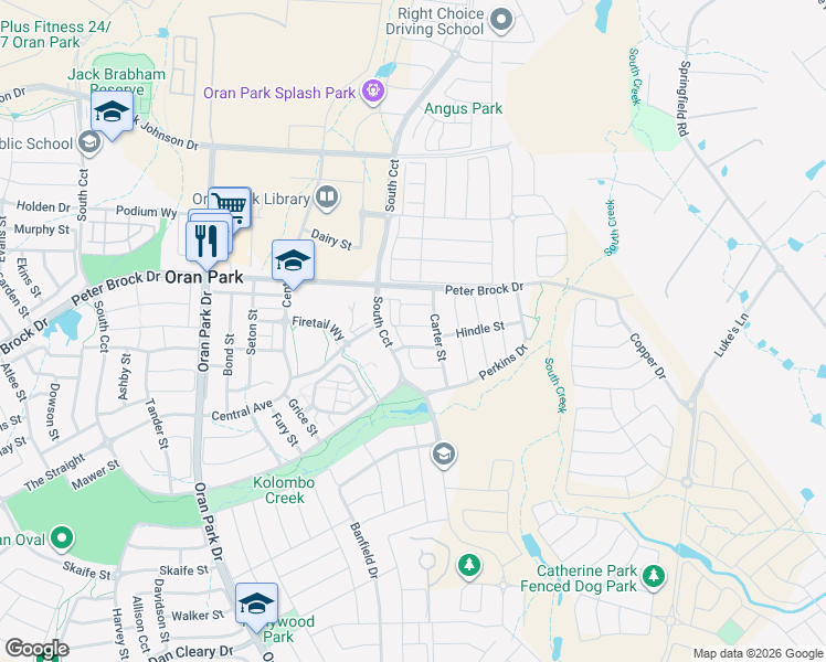 map of restaurants, bars, coffee shops, grocery stores, and more near 9 Rixon Street in Oran Park