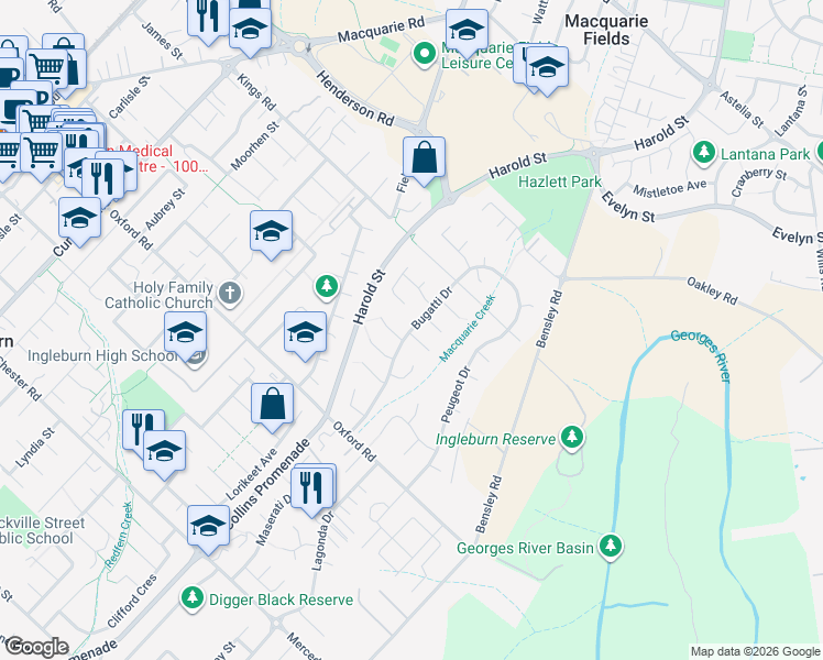 map of restaurants, bars, coffee shops, grocery stores, and more near Bugatti Drive in Ingleburn