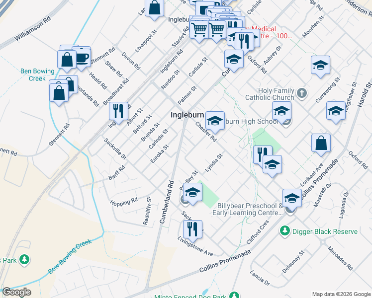 map of restaurants, bars, coffee shops, grocery stores, and more near 168 Cumberland Road in Ingleburn