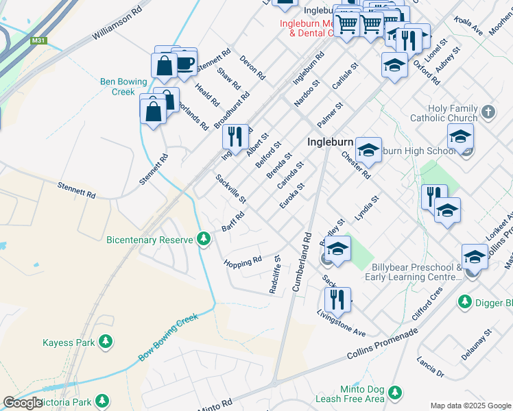 map of restaurants, bars, coffee shops, grocery stores, and more near 61 Carinda Street in Ingleburn