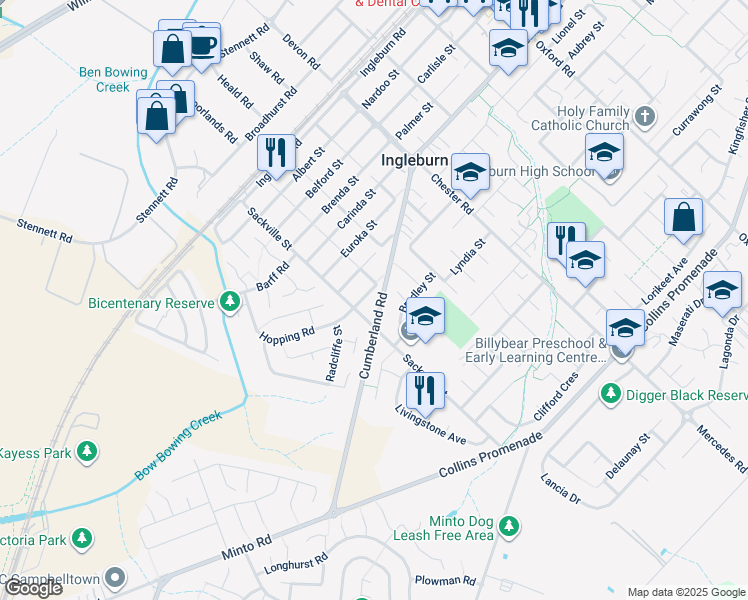 map of restaurants, bars, coffee shops, grocery stores, and more near 137 Cumberland Road in Ingleburn