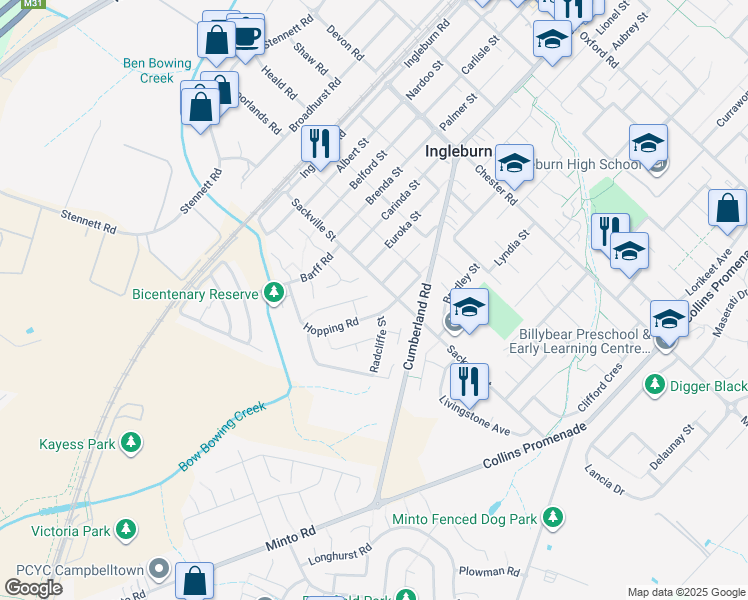 map of restaurants, bars, coffee shops, grocery stores, and more near 7 Naylor Place in Ingleburn