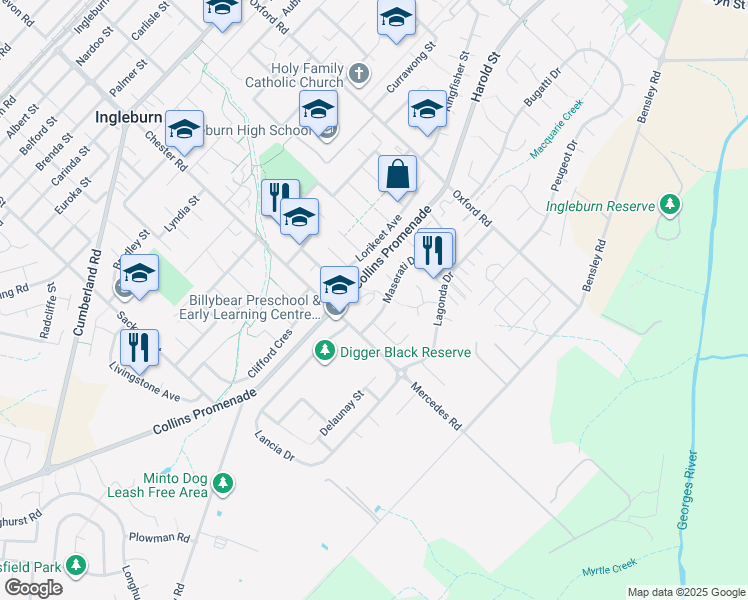map of restaurants, bars, coffee shops, grocery stores, and more near 3 Packard Close in Ingleburn