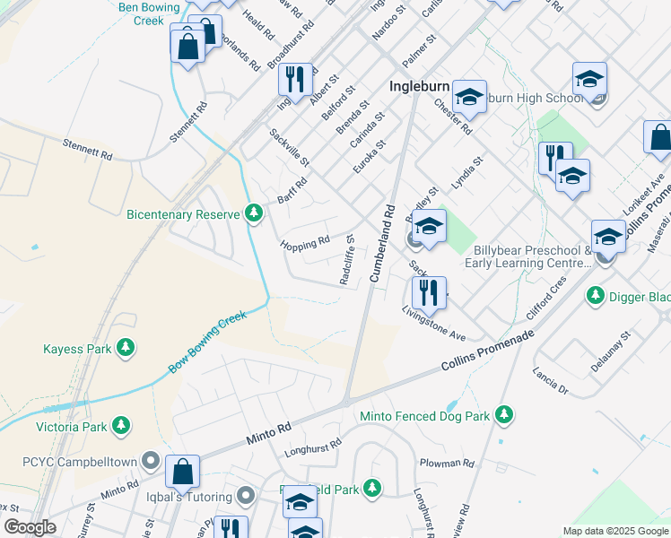 map of restaurants, bars, coffee shops, grocery stores, and more near 3 Luff Place in Ingleburn