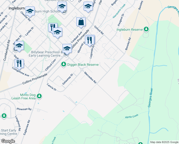 map of restaurants, bars, coffee shops, grocery stores, and more near 9 Wolseley Place in Ingleburn