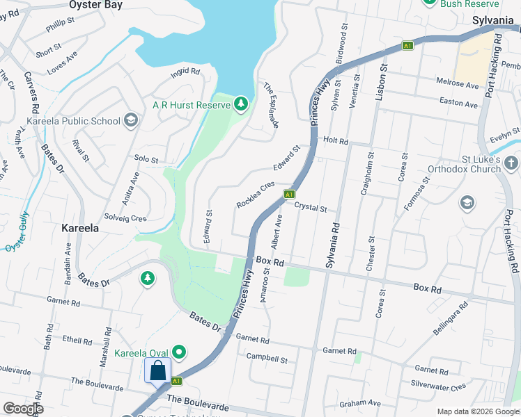 map of restaurants, bars, coffee shops, grocery stores, and more near 345 Princes Highway in Sylvania