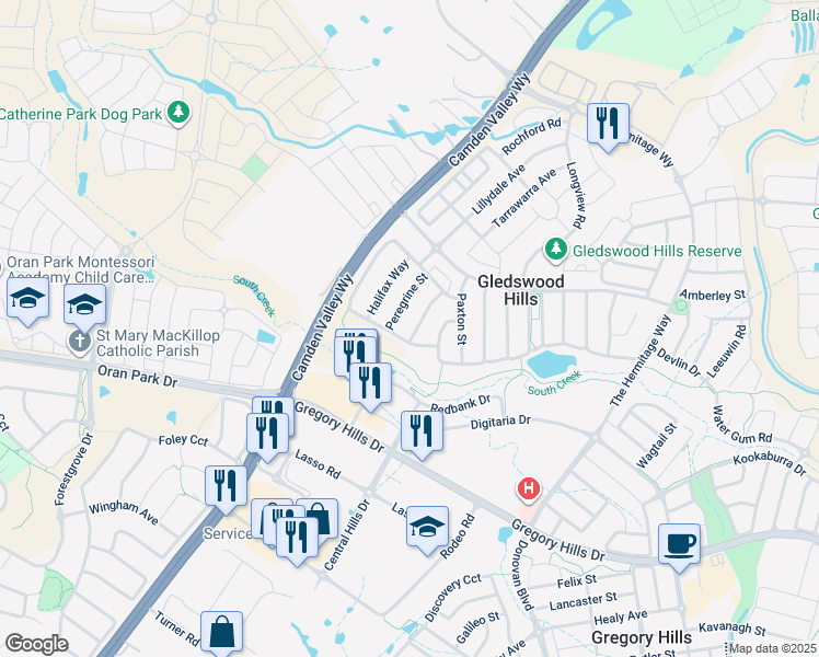 map of restaurants, bars, coffee shops, grocery stores, and more near 25 Downing Way in Gledswood Hills