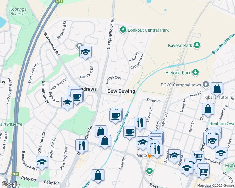 map of restaurants, bars, coffee shops, grocery stores, and more near 3 Bouddi Street in Bow Bowing