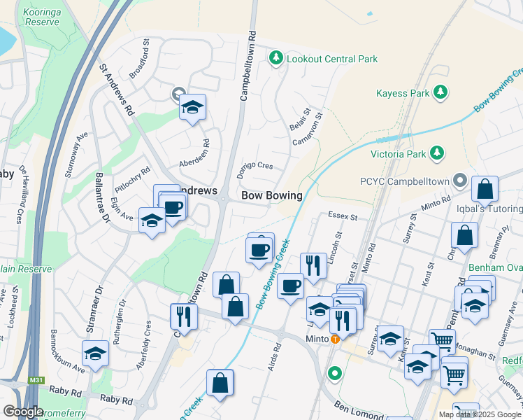 map of restaurants, bars, coffee shops, grocery stores, and more near 18 Bouddi Street in Bow Bowing