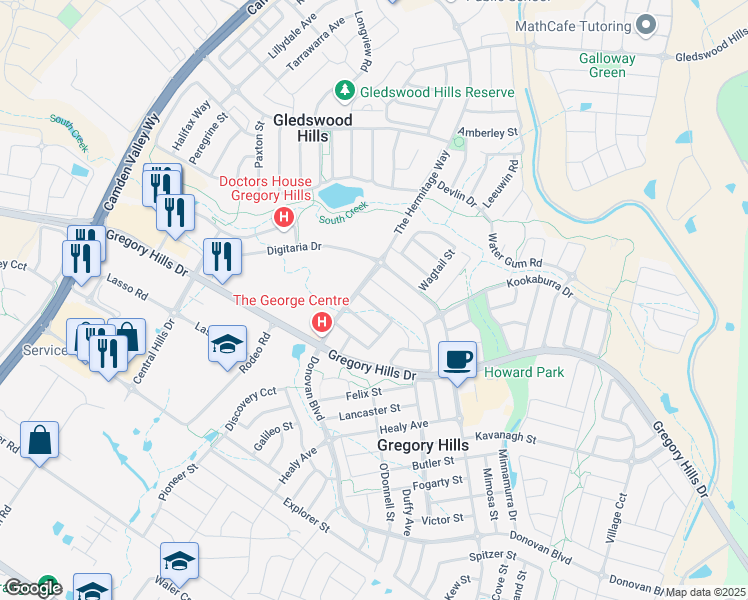 map of restaurants, bars, coffee shops, grocery stores, and more near 9 Xanadu Street in Gledswood Hills
