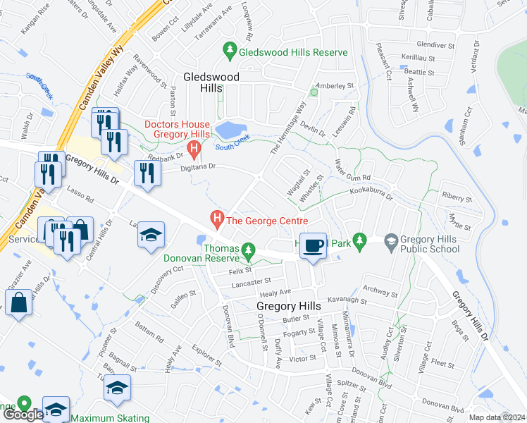 map of restaurants, bars, coffee shops, grocery stores, and more near 19 Xanadu Street in Gledswood Hills